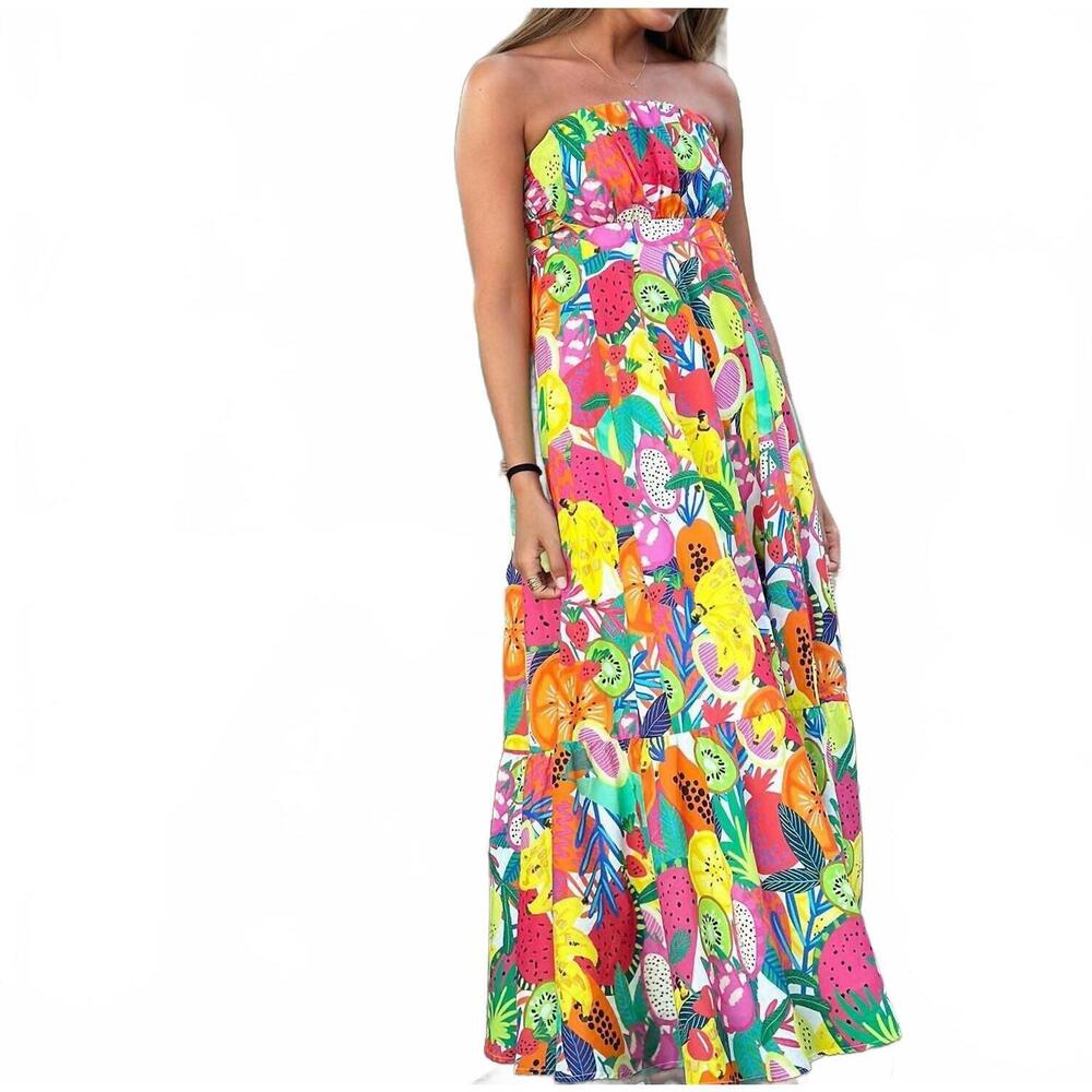 NEW VILAGALLO strapless fruit maxi dress in frutas voile